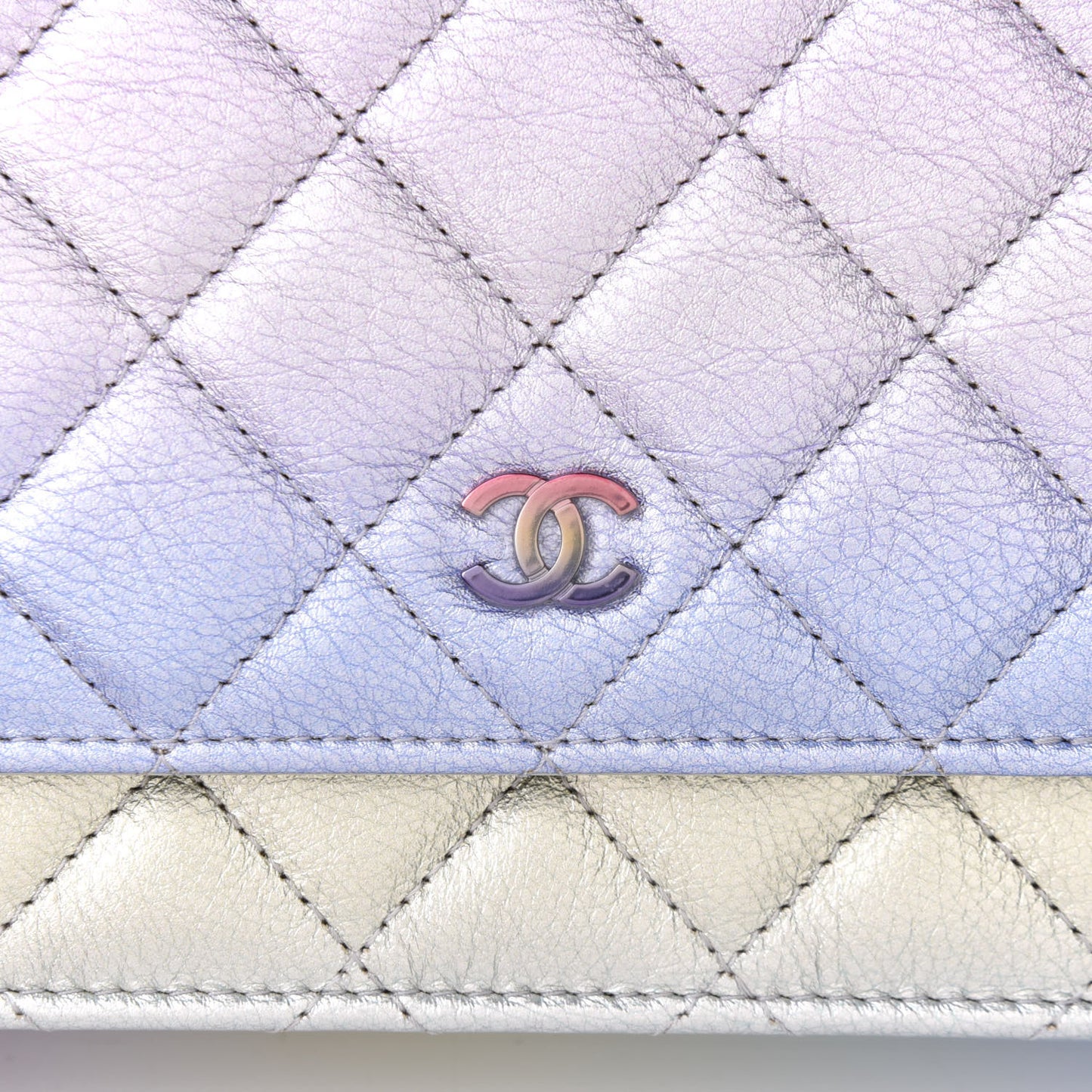 Gradient Metallic Calfskin Quilted Wallet On Chain WOC Silver Blue Yellow Purple
