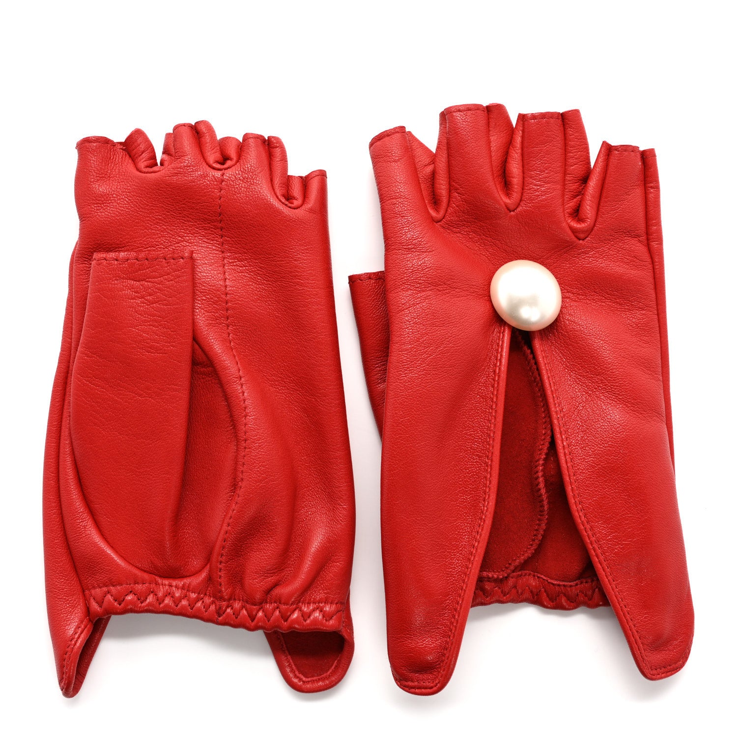 Chanel Lambskin Pearl Fingerless CC Gloves 7 Red 2 of 9