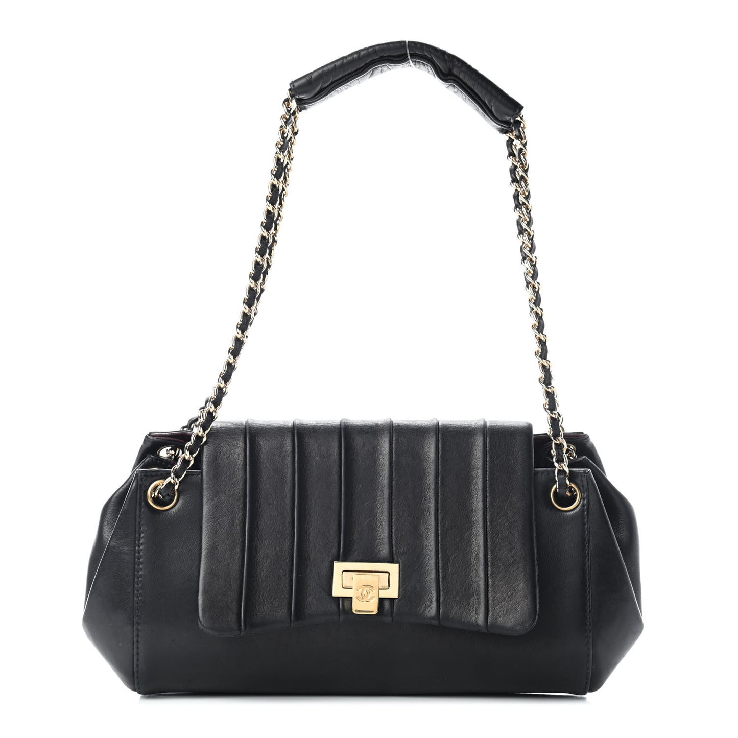 Lambskin Vertical Quilt Small Accordion Flap Black