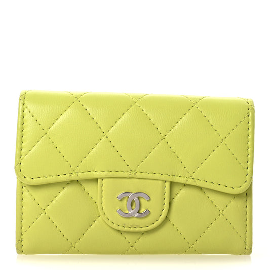 Lambskin Quilted Flap Card Holder Wallet Yellow