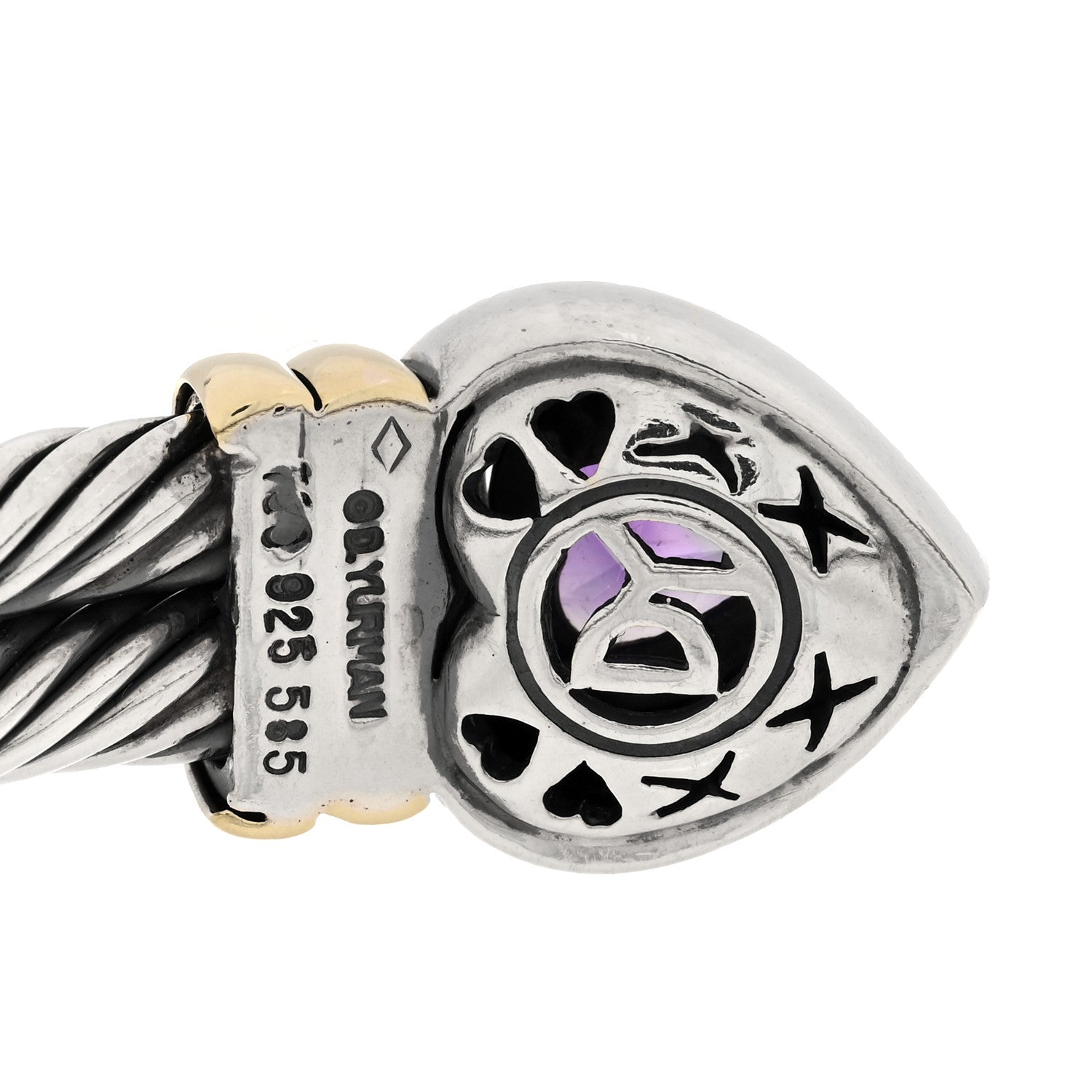 David Yurman Sterling Silver 14K Yellow Gold Amethyst Heart Double Cable Cuff Bracelet 3 of 3