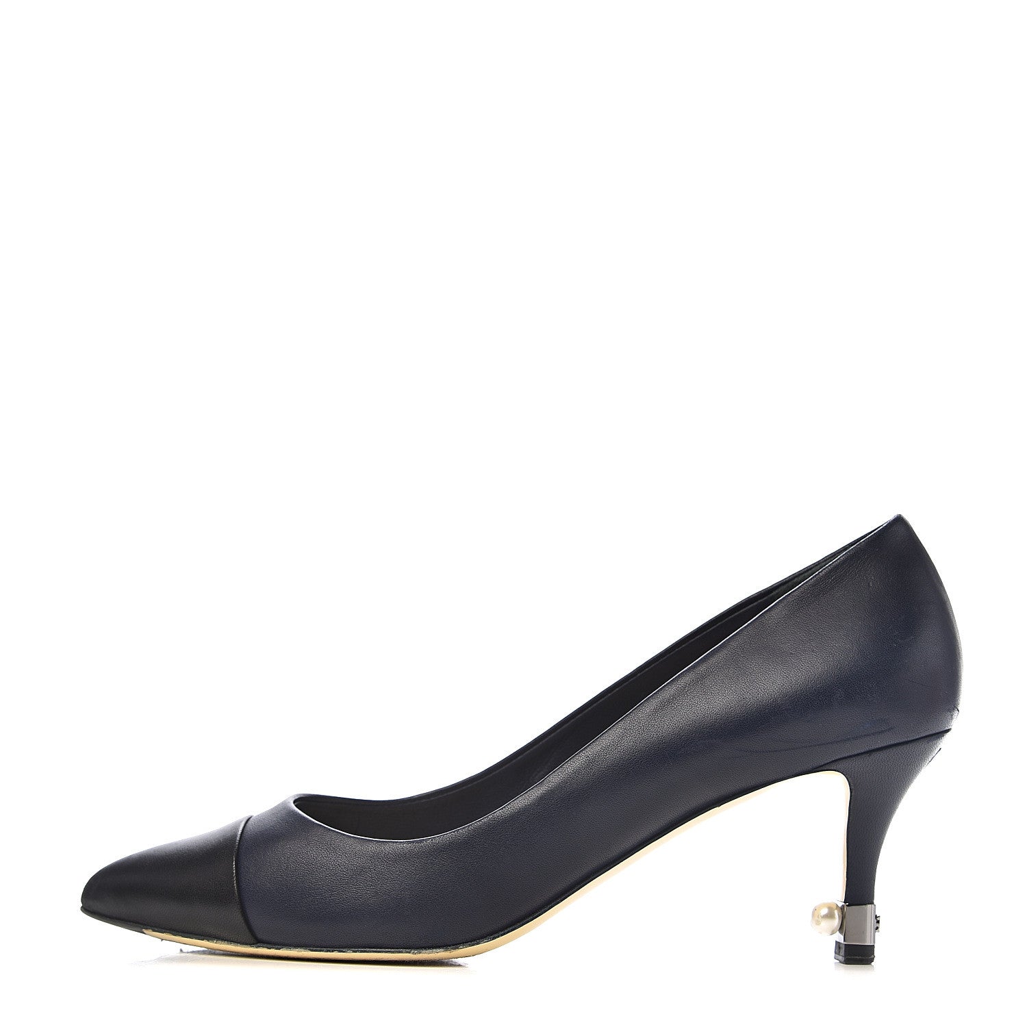 Chanel Lambskin Cap Toe Pearl Pumps 39 Navy Blue Black 1 of 14
