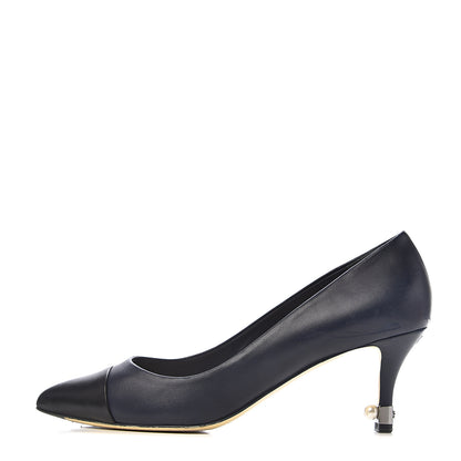 Chanel Lambskin Cap Toe Pearl Pumps 39 Navy Blue Black 1 of 14
