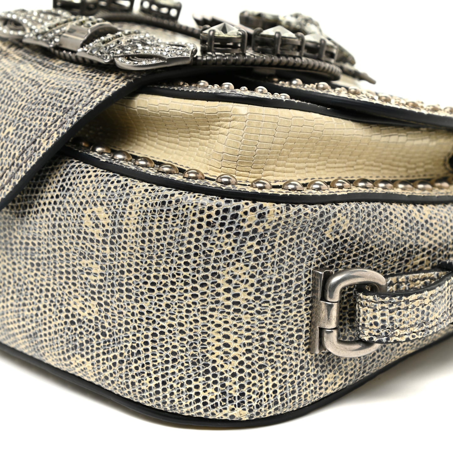 Lizard Embossed Calfskin Studded Jewel Buckle Dahlia Shoulder Bag Roccia