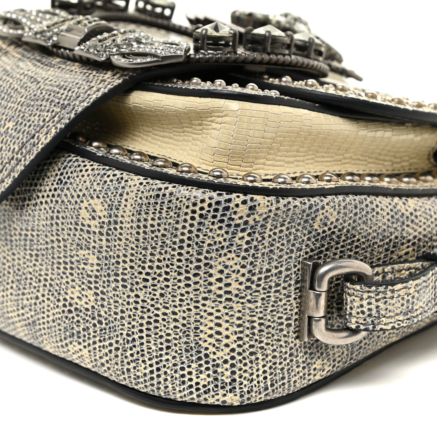 Miu Miu Lizard Embossed Calfskin Studded Jewel Buckle Dahlia Shoulder Bag Roccia 10 of 17