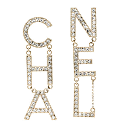 Chanel Crystal Cha-Nel Logo Drop Earrings Gold 1 of 5