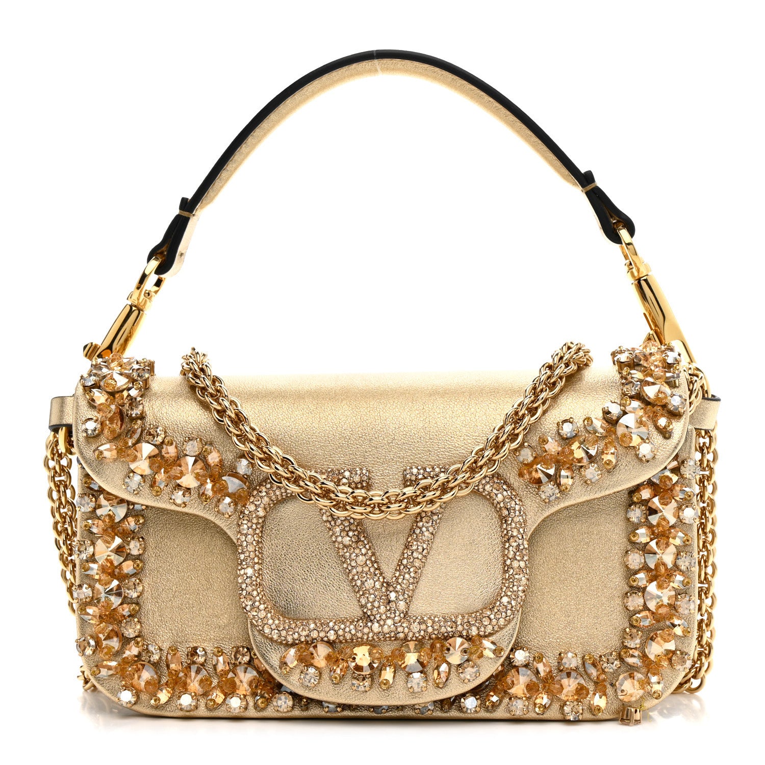 Valentino Garavani Laminated Calfskin Crystal Vlogo Small Loco Shoulder Bag Gold 1 of 13
