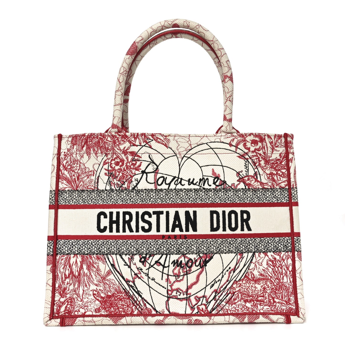 Canvas Embroidered Medium Dioramour D-Royaume Book Tote Red Multicolor