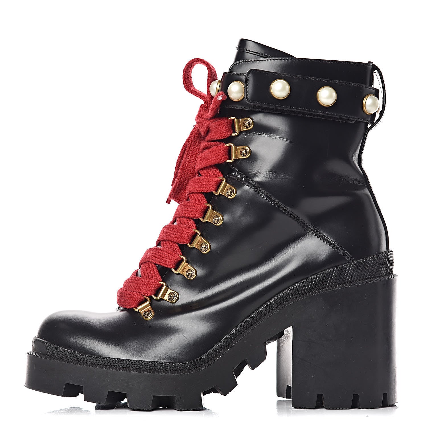 Gucci Calfskin Pearl Lace Up Combat Ankle Boots 40 Black 1 of 9