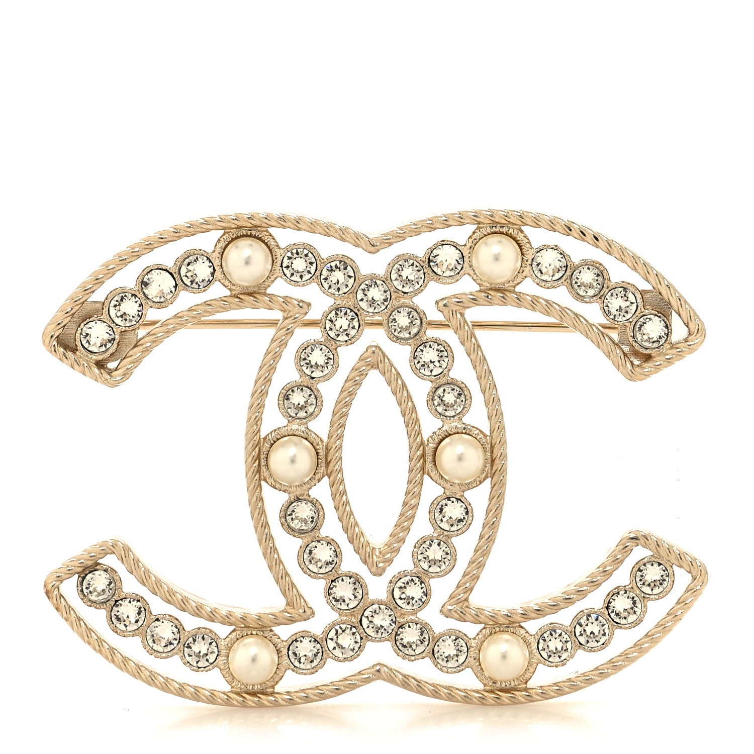 Chanel Pearl Crystal Sparkling Pearls CC Brooch Gold 1 of 3