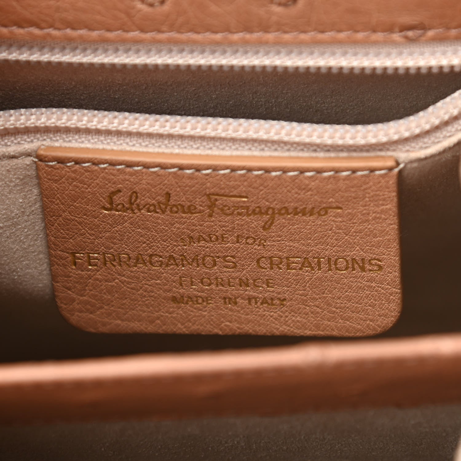 Salvatore Ferragamo Ostrich Iconic Small Top Handle Bag Camel 6 of 10