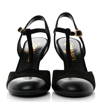 Chanel Suede Lambskin Cap Toe Crystal Slingback Pumps 37 Black 2 of 9