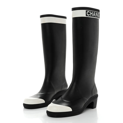 Chanel Rubber Logo Rain Boots 42 Black White 3 of 7