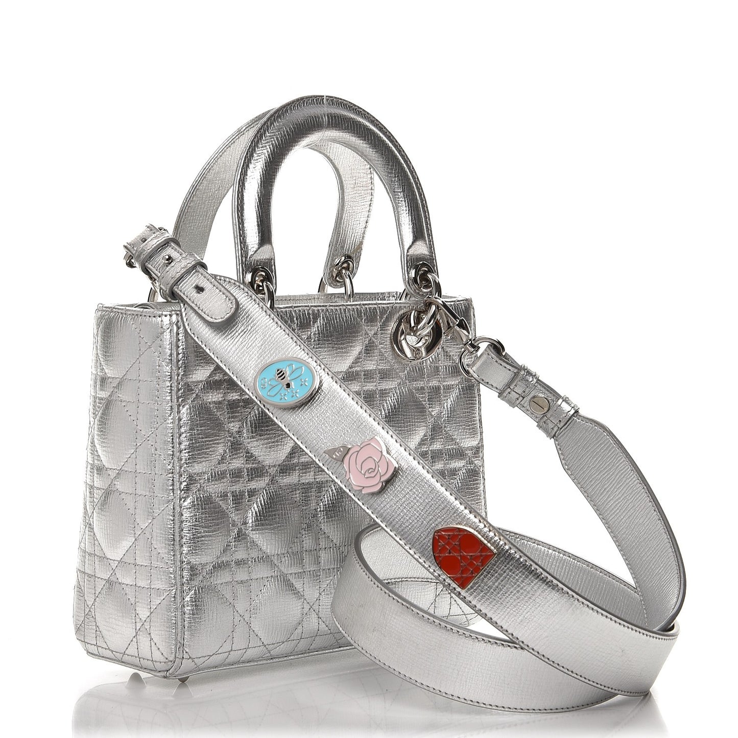Metallic Grained Calfskin Cannage Small Lucky Badges My Lady Dior Silver