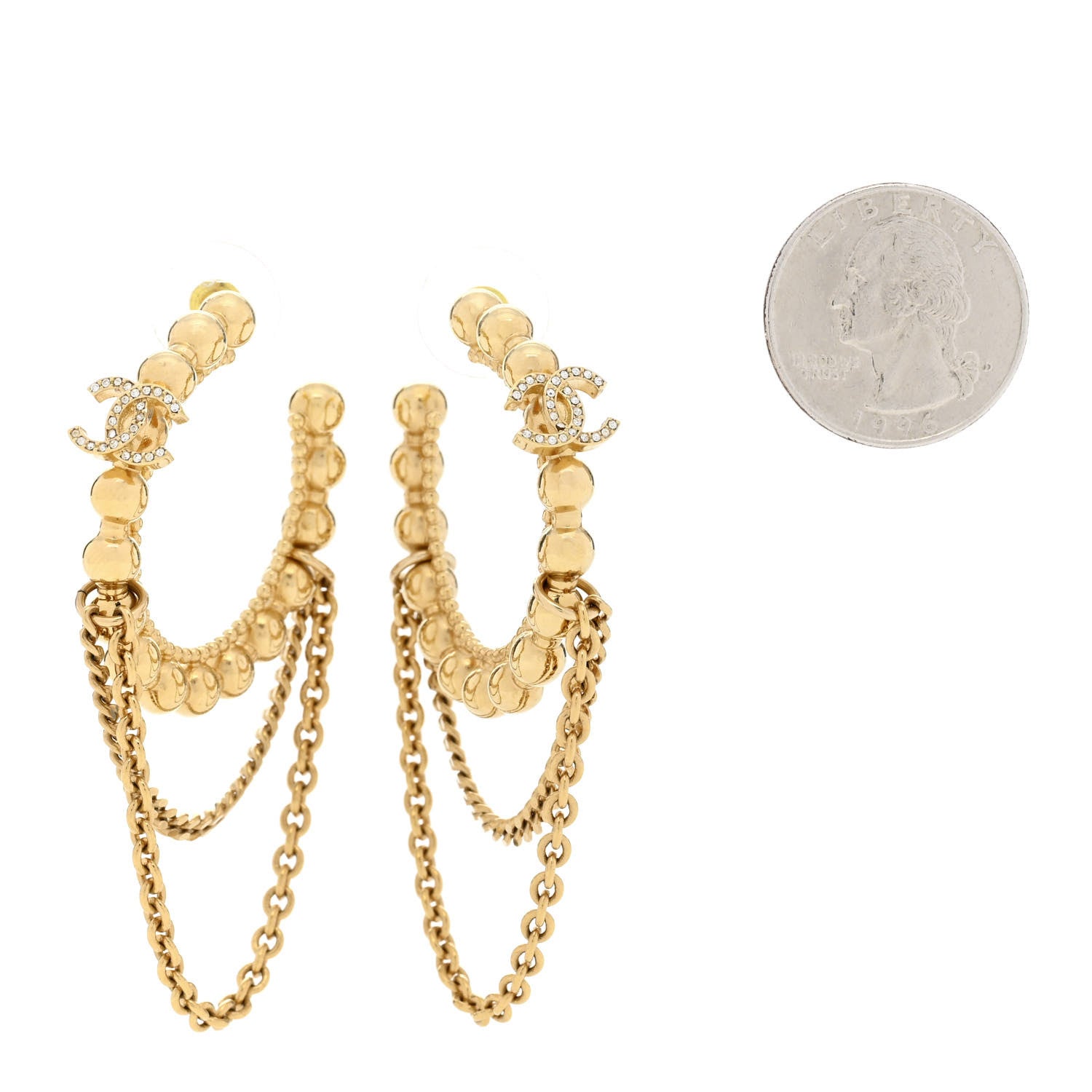 Chanel Metal Crystal Bead Chain CC Hoop Earrings Gold 2 of 5