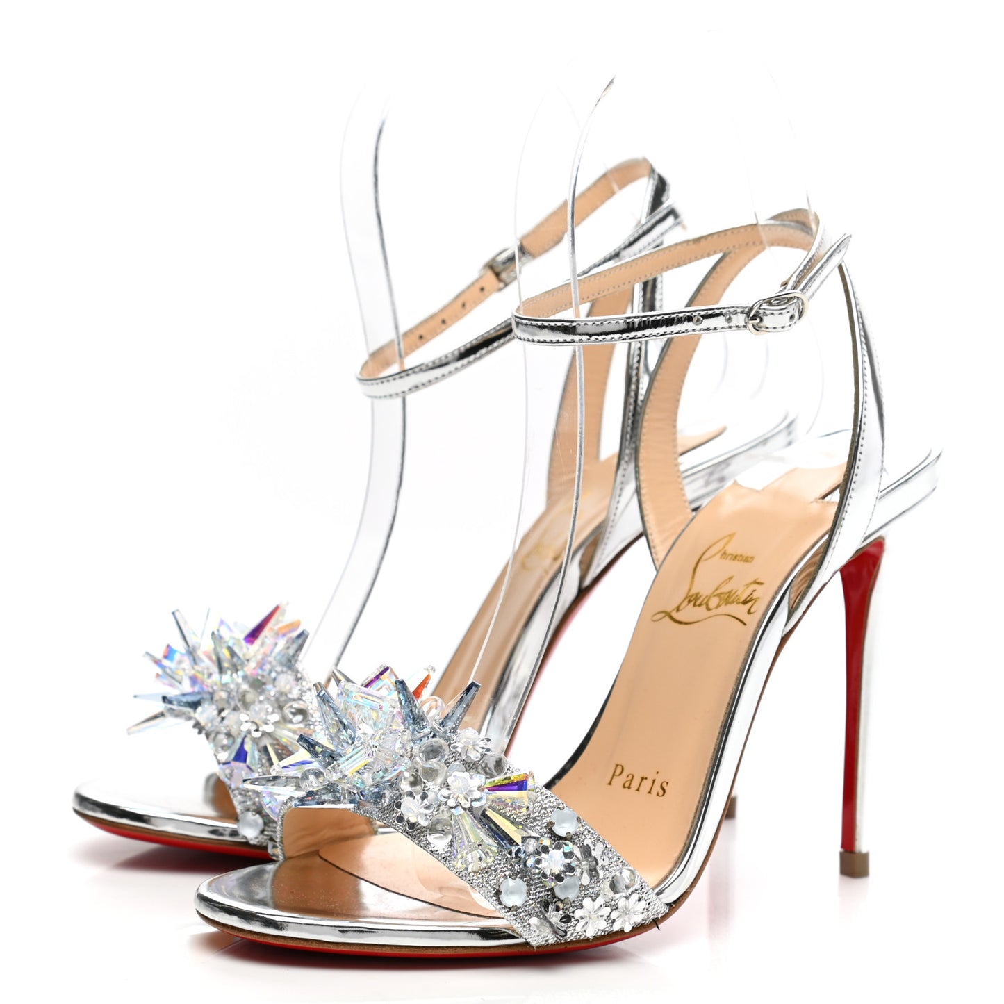 Satin Specchino Okydok 100 Ankle Strap Sandals 35 Silver