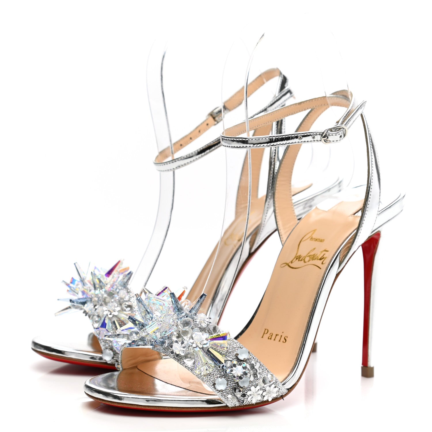 Christian Louboutin Satin Specchino Okydok 100 Ankle Strap Sandals 35 Silver 3 of 10