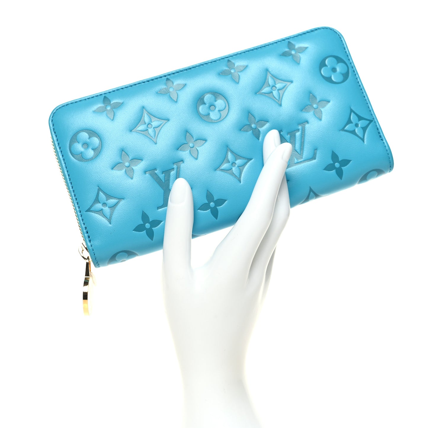 Lambskin Embossed Monogram Coussin Zippy Wallet Turquoise