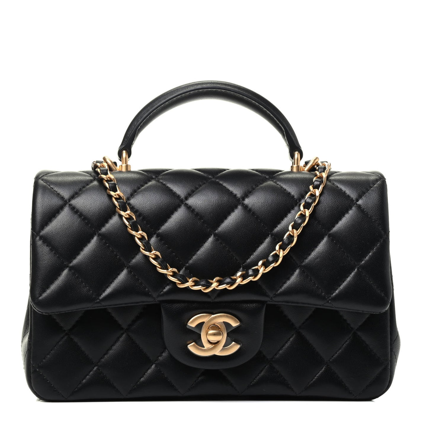 Lambskin Quilted Mini Top Handle Rectangular Flap Black