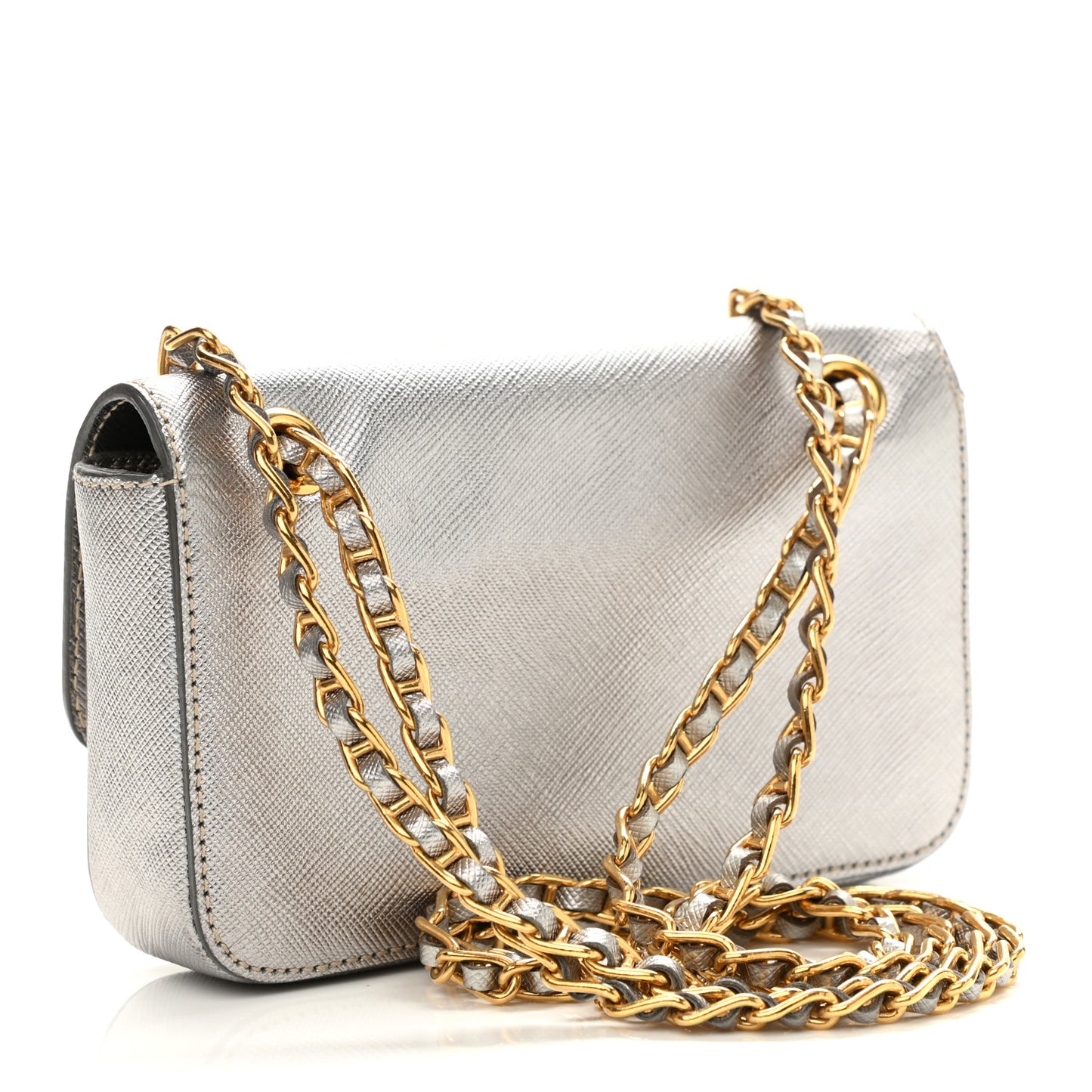 Saffiano Lux Chain Shoulder Bag Argento