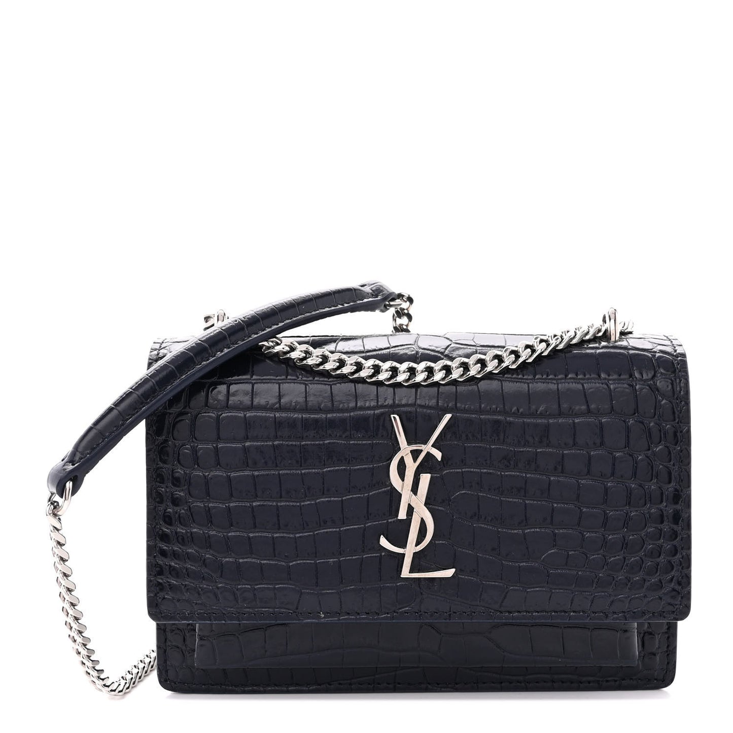 Calfskin Crocodile Embossed Monogram Sunset Chain Wallet Navy
