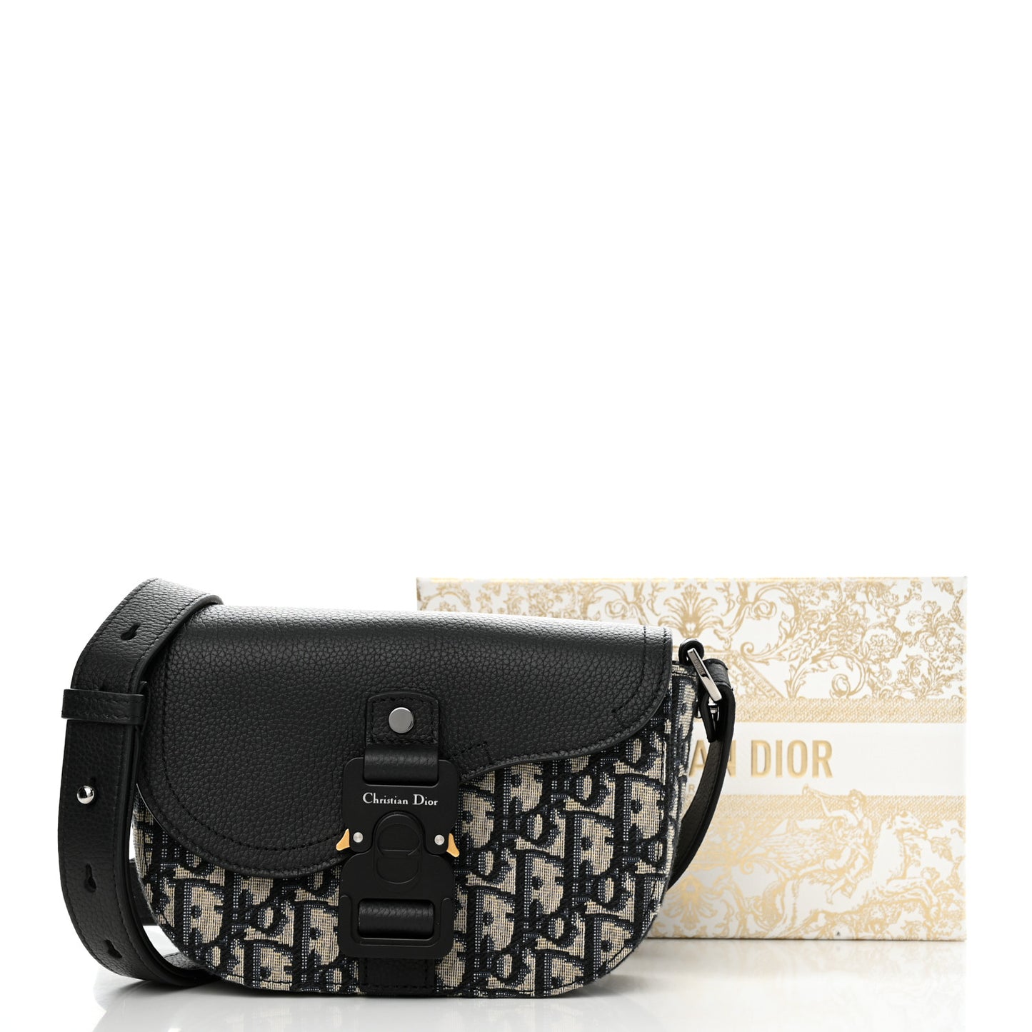 Oblique Jacquard Grained Calfskin Saddle Pouch With Strap Beige Black