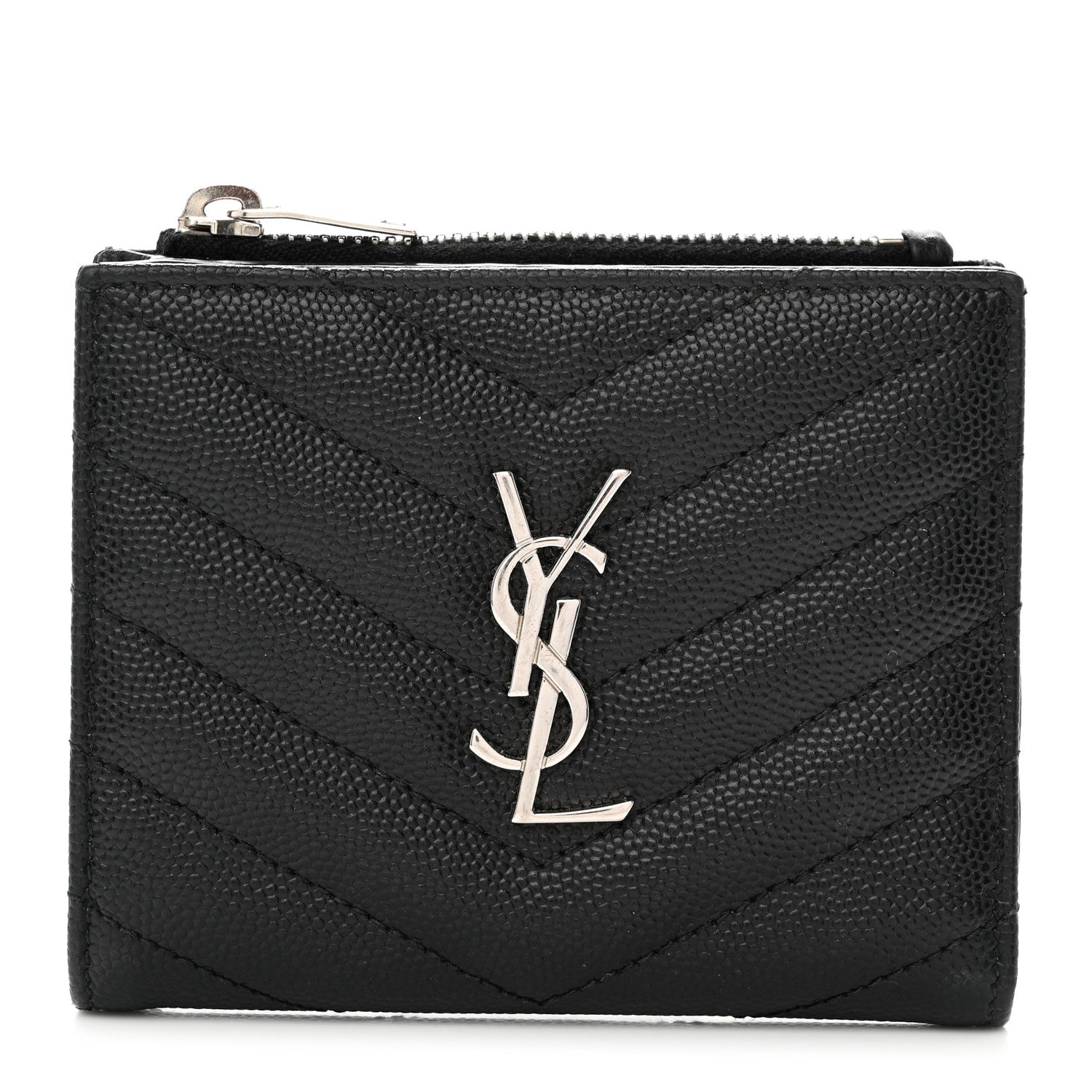 Saint Laurent Grain De Poudre Matelasse Chevron Monogram Zipped Card Case Black 1 of 8
