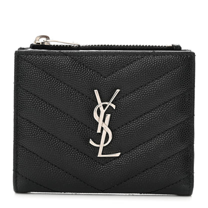 Saint Laurent Grain De Poudre Matelasse Chevron Monogram Zipped Card Case Black 1 of 8