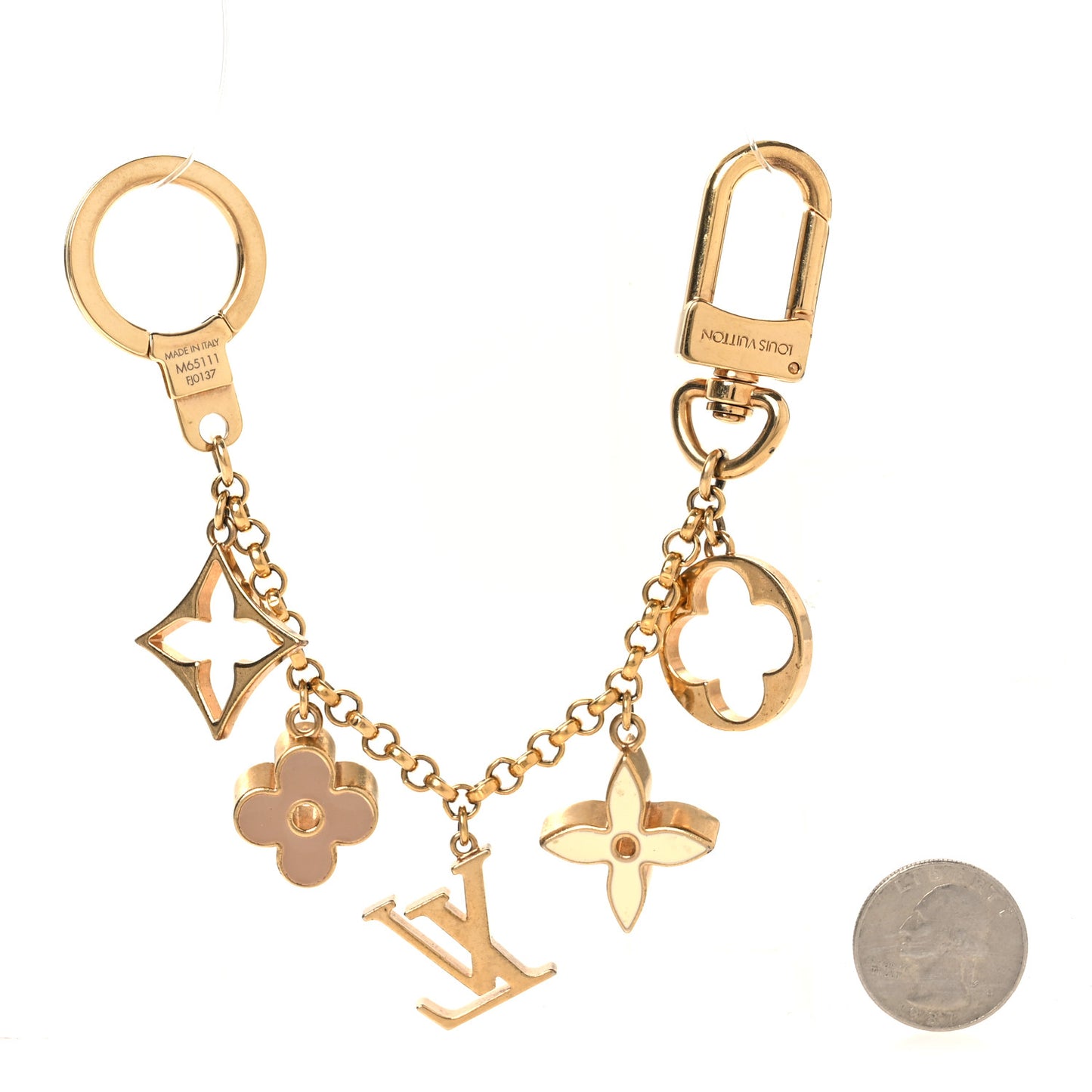 Brass Enamel Fleur De Monogram Bag Charm Chain Gold