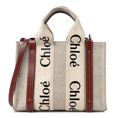 Chloe Cotton Calfskin Small Woody Ribbon Tote With Strap White Brown 1 of 13