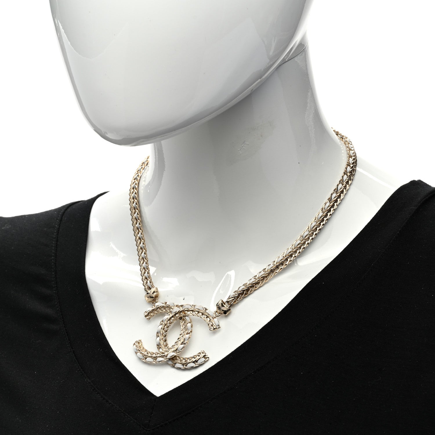 Chanel Metal Lambskin CC Chain Necklace Gold White 2 of 6