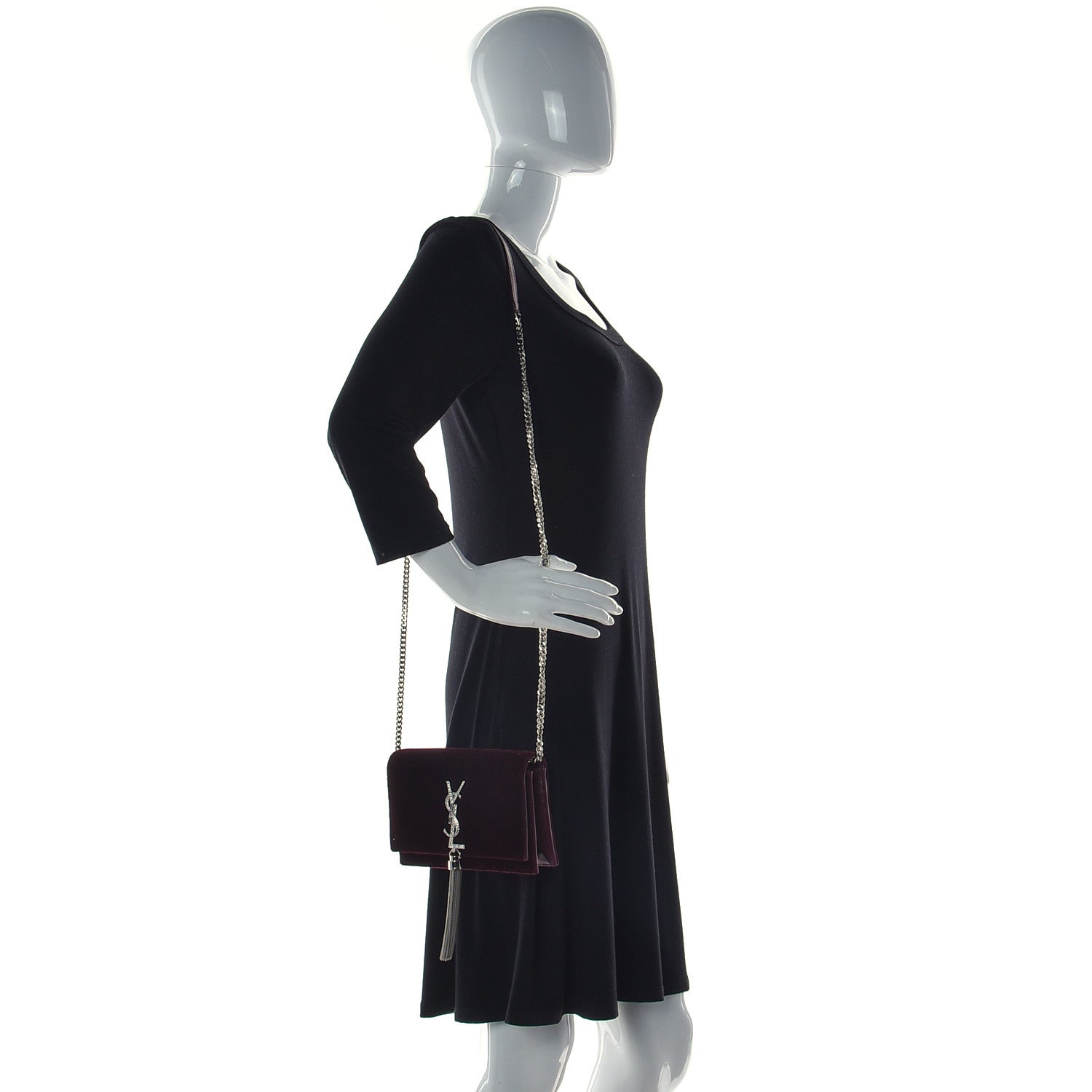 Saint Laurent Velvet Crystal Monogram Kate Tassel Shoulder Bag Rouge Legion 3 of 8