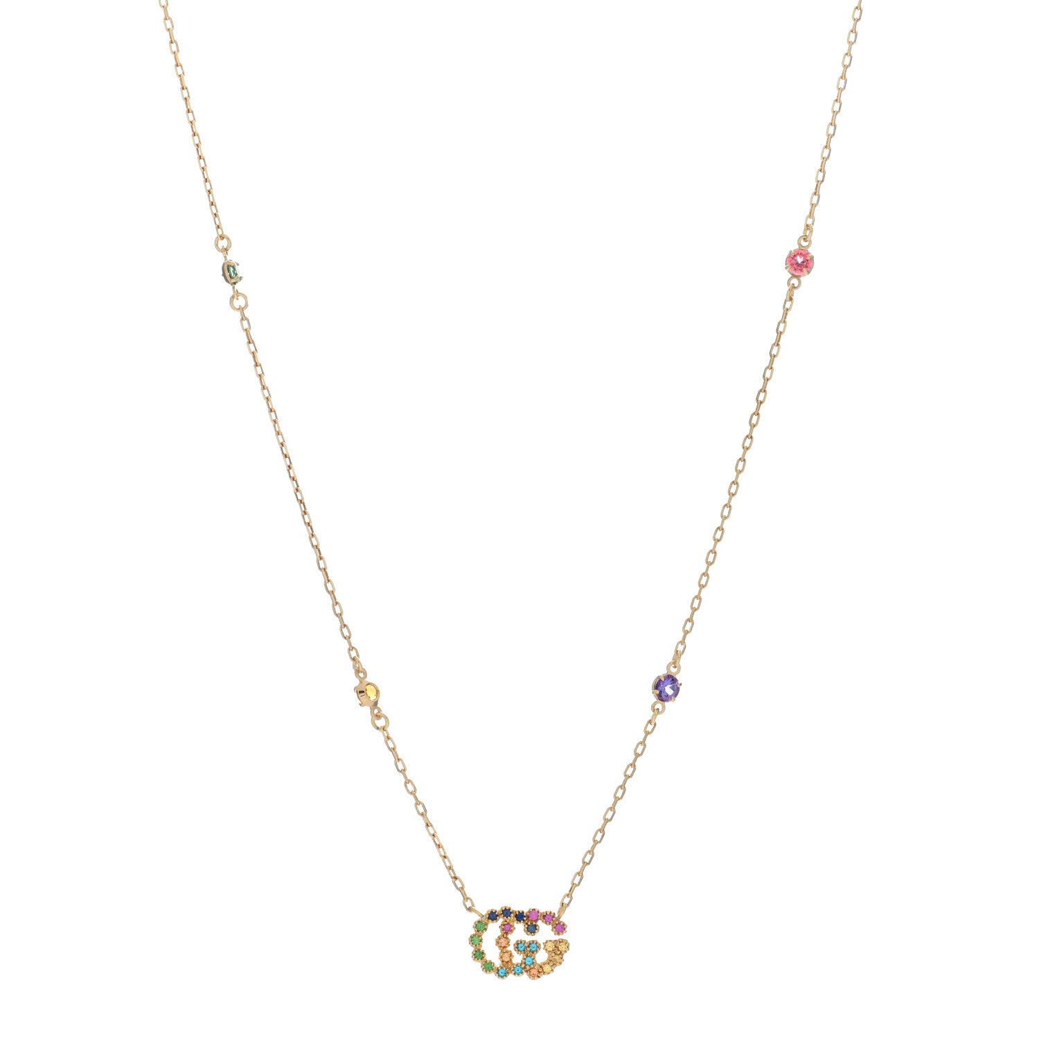 Gucci 18K Yellow Gold Citrine Tsavorite Blue Topaz Amethyst GG Running Pendant Necklace 1 of 4