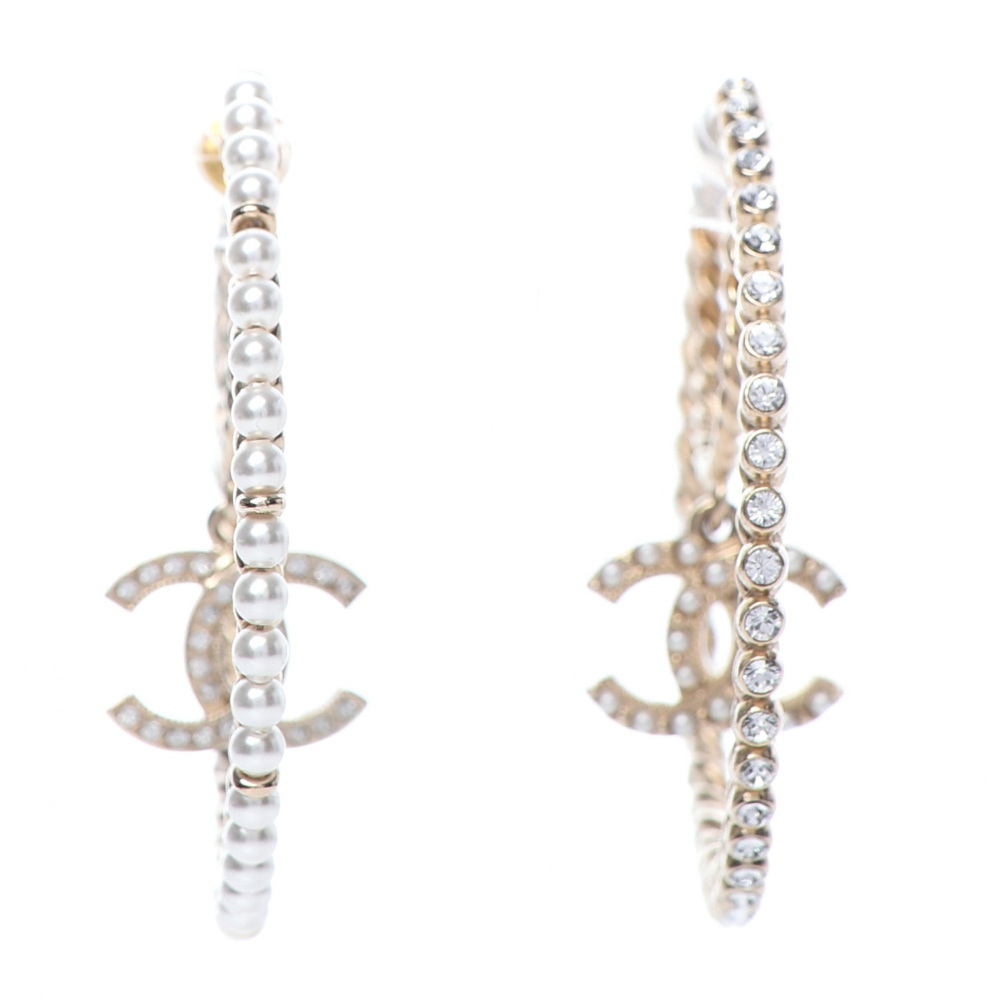 Crystal Pearl CC Drop Hoop Earrings Gold Pearly White