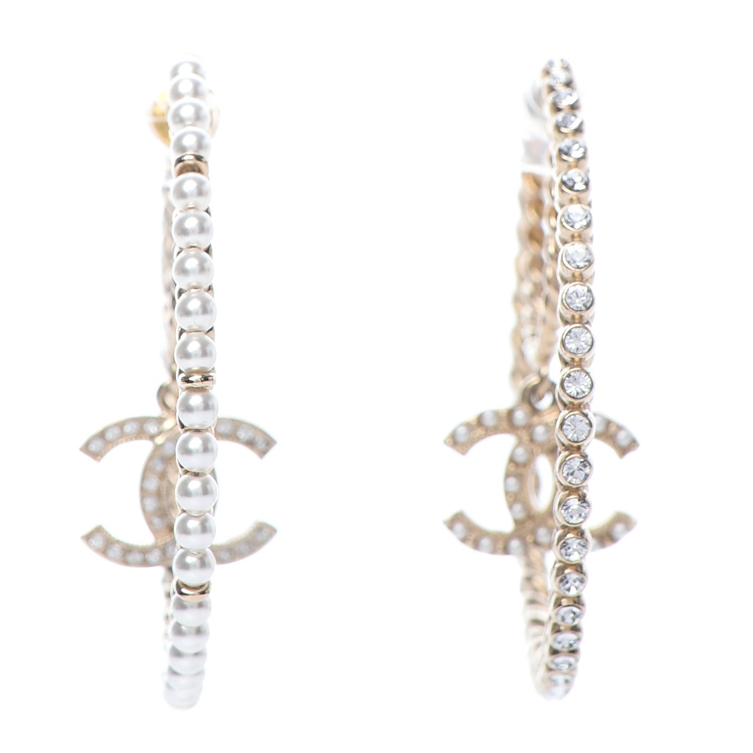 Chanel Crystal Pearl CC Drop Hoop Earrings Gold Pearly White 1 of 5