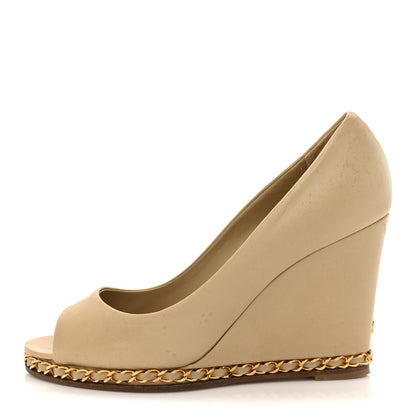Chanel Calfskin Chain Peep Toe Wedge Pumps 39 Beige 1 of 19