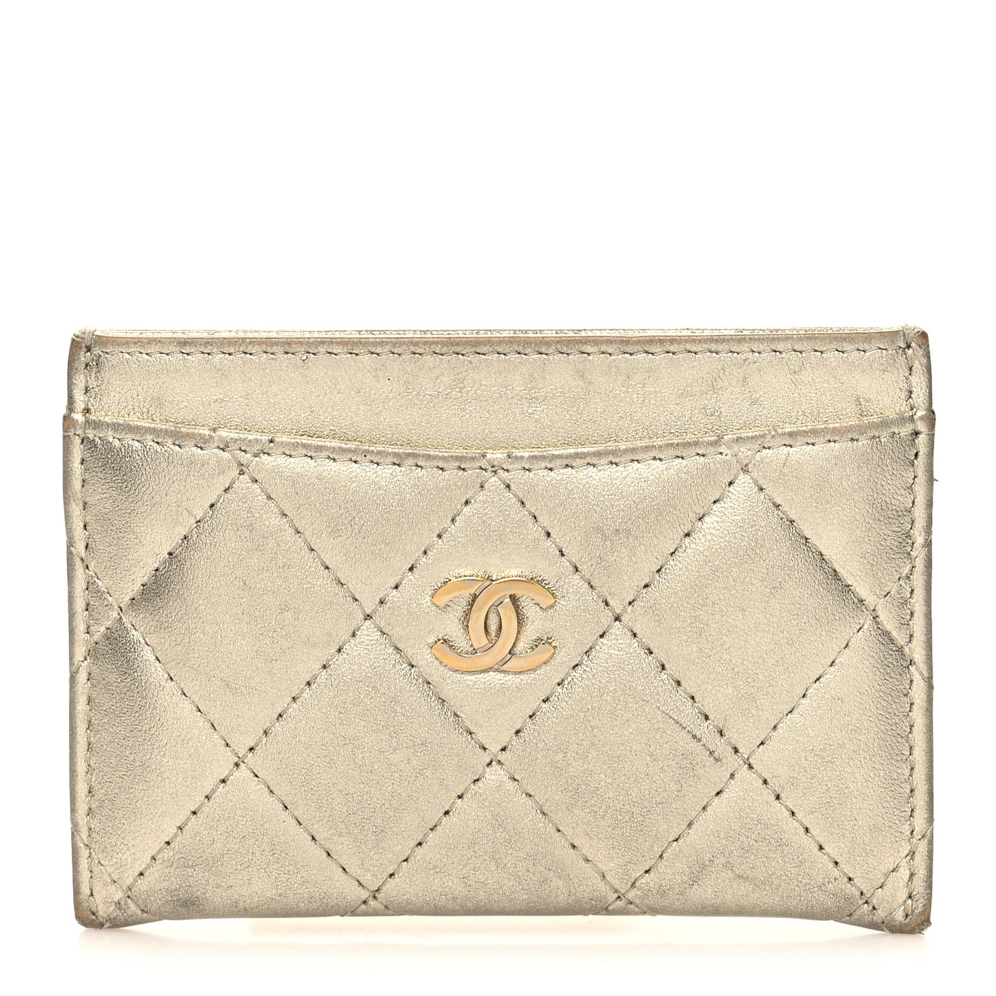 Metallic Lambskin Quilted CC Card Holder Gold
