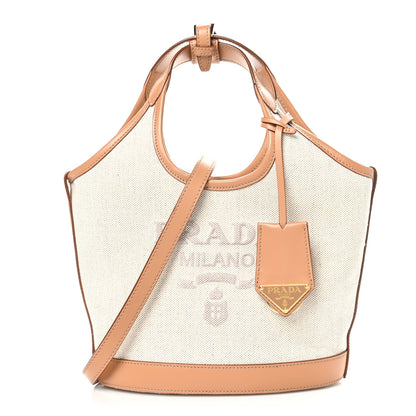 Prada Linen Vitello Mini Logo Buckle Bag Natural 1 of 9