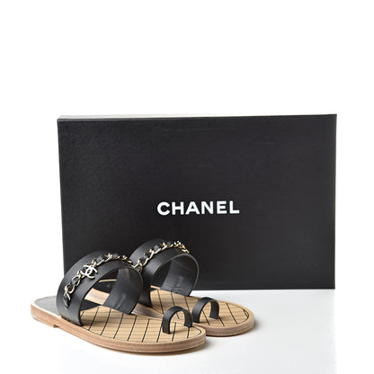 Chanel Calfskin Chain CC Logo Toe Ring Sandals 37 Black 9 of 9