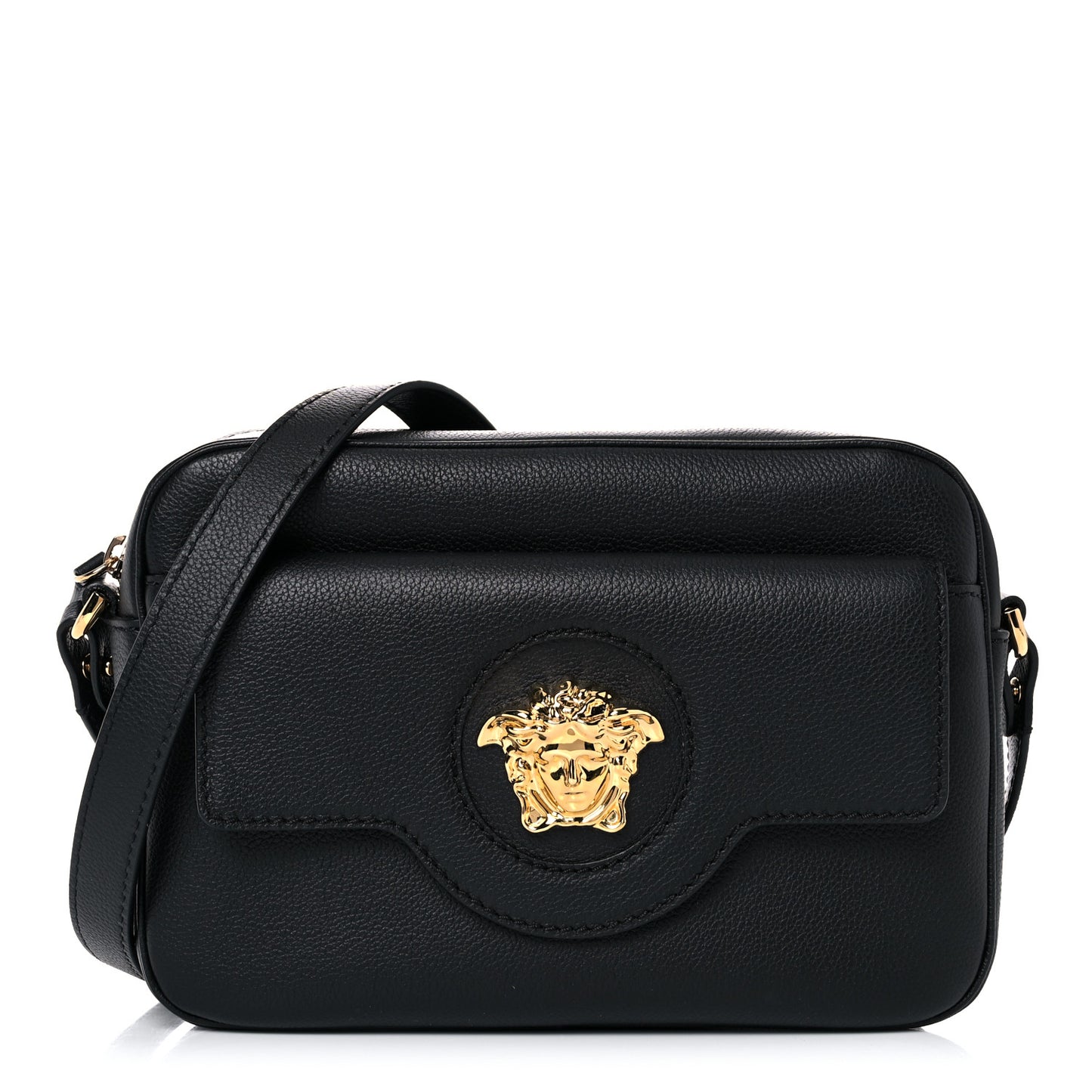 Grained Calfskin Medusa Camera Bag Black