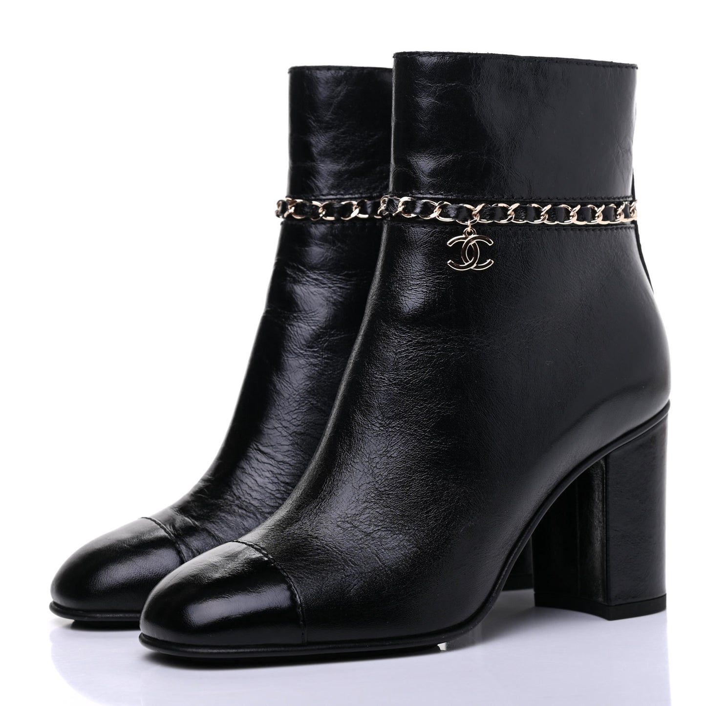 Crumpled Calfskin Cap Toe Chain Short Boots 36 Black