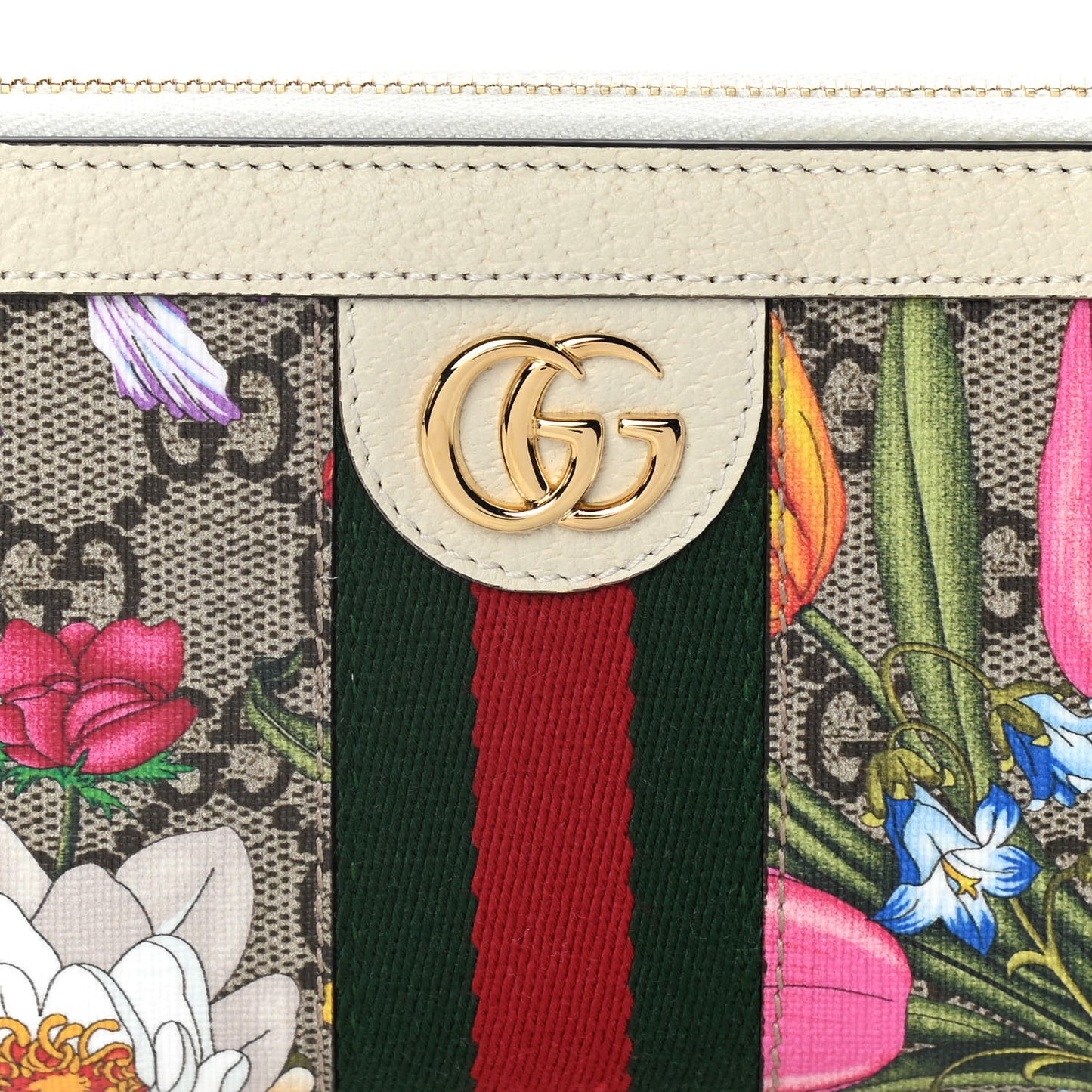 GG Supreme Monogram Flora Ophidia Zip Around Wallet White