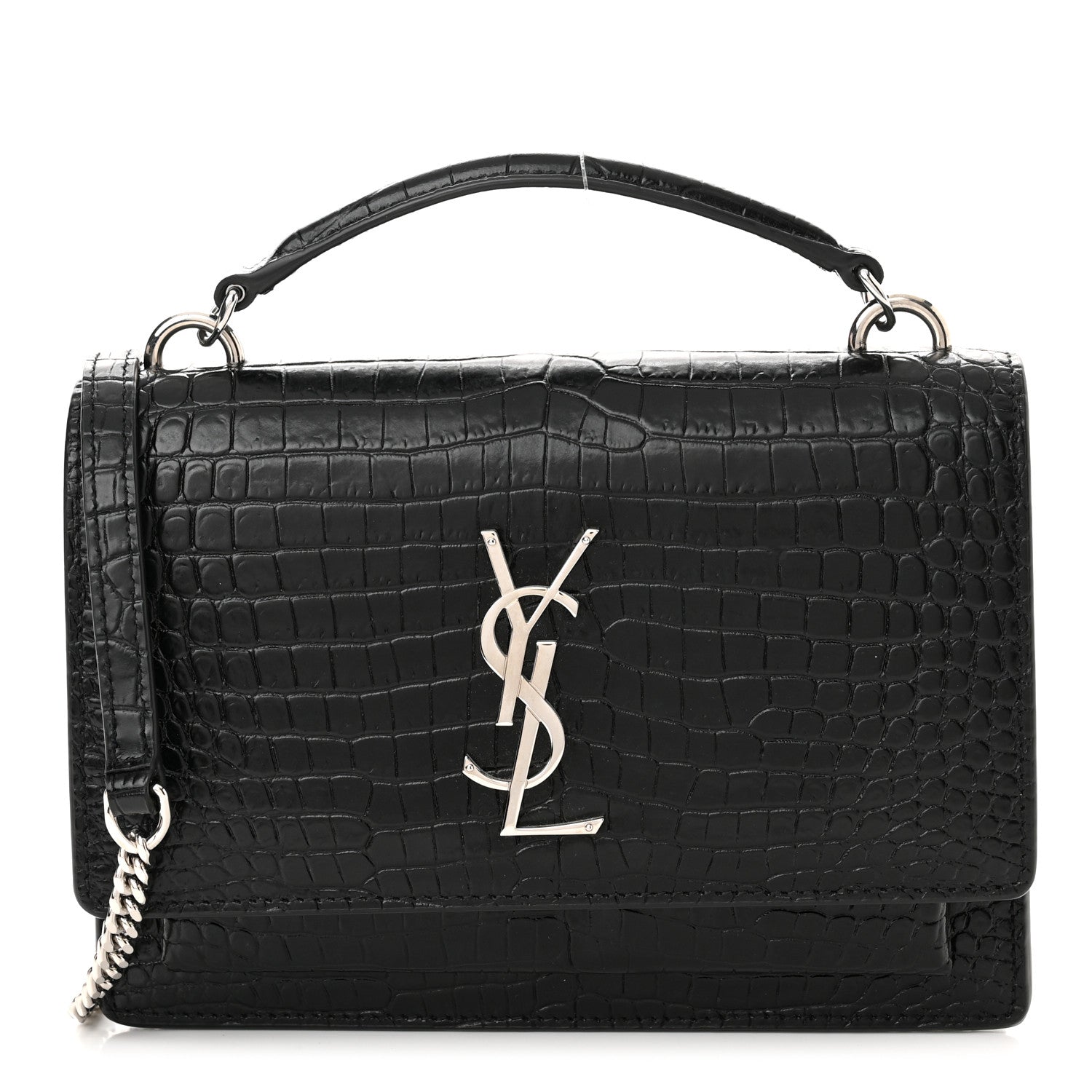 Saint Laurent Calfskin Crocodile Embossed Monogram Sunset Top Handle Chain Wallet Black 1 of 9