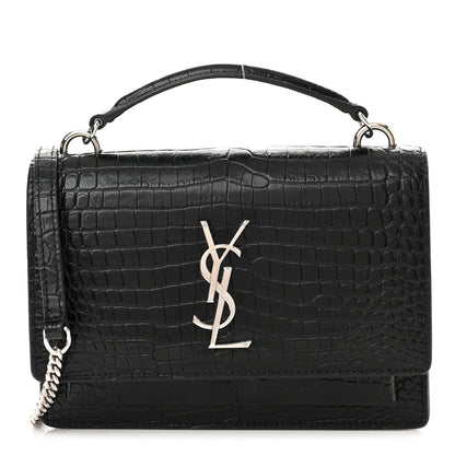 Saint Laurent Calfskin Crocodile Embossed Monogram Sunset Top Handle Chain Wallet Black 1 of 9