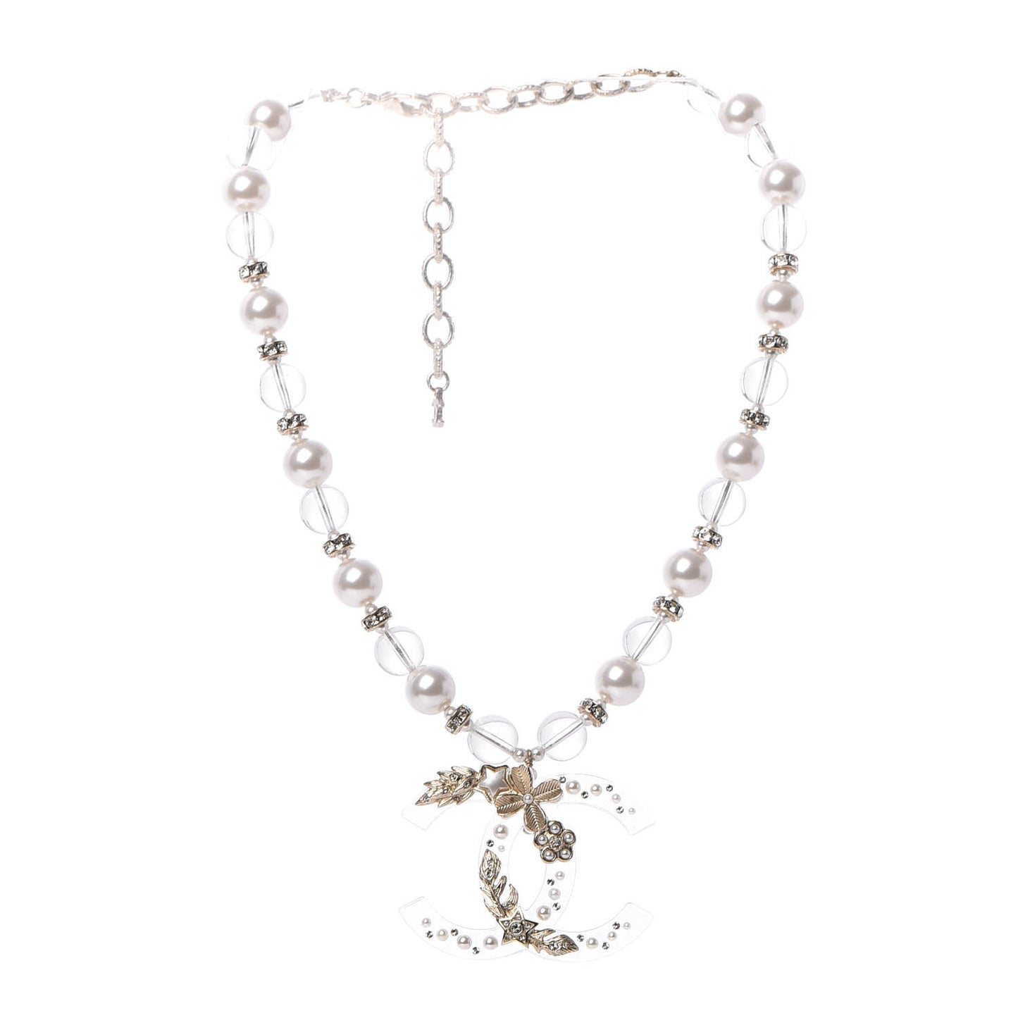 Resin Pearl Crystal CC Necklace Pearly White Transparent Gold