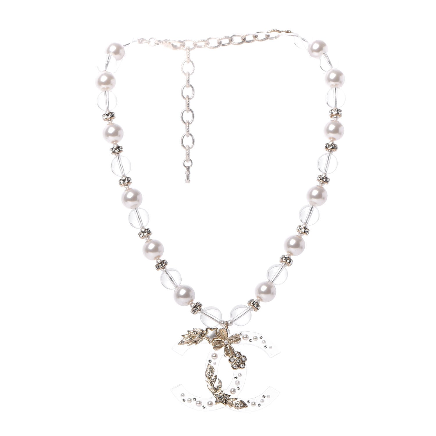 Chanel Resin Pearl Crystal CC Necklace Pearly White Transparent Gold 3 of 6