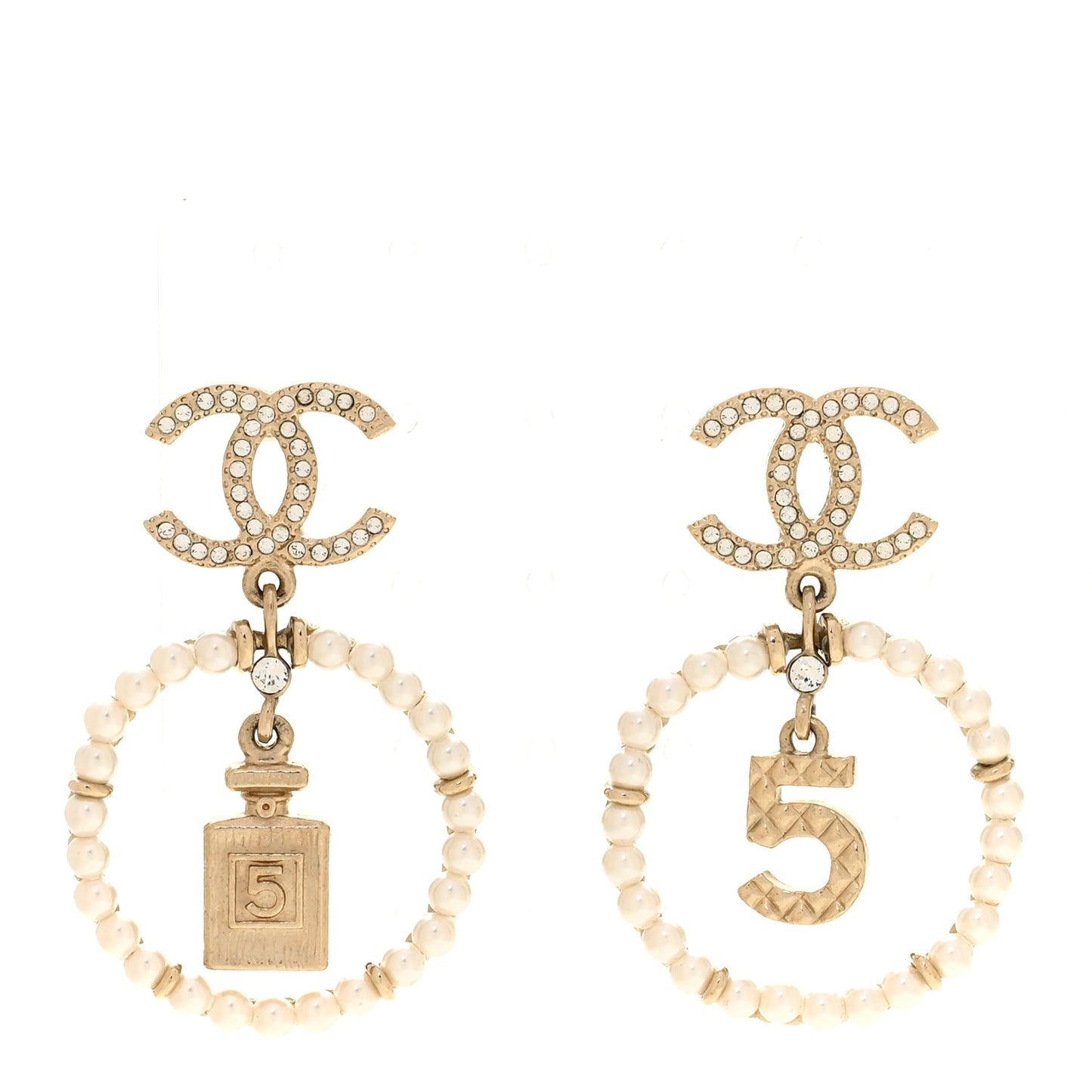 Crystal Pearl Chanel Charms CC Drop Earrings Gold