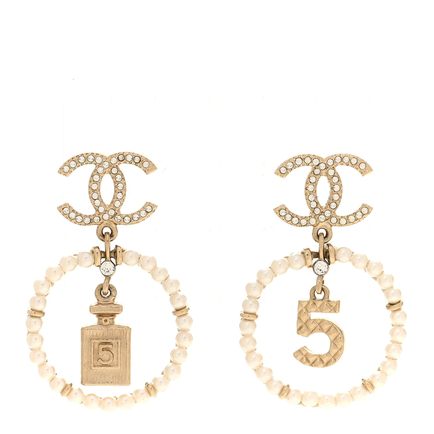 Chanel Crystal Pearl Chanel Charms CC Drop Earrings Gold 1 of 4