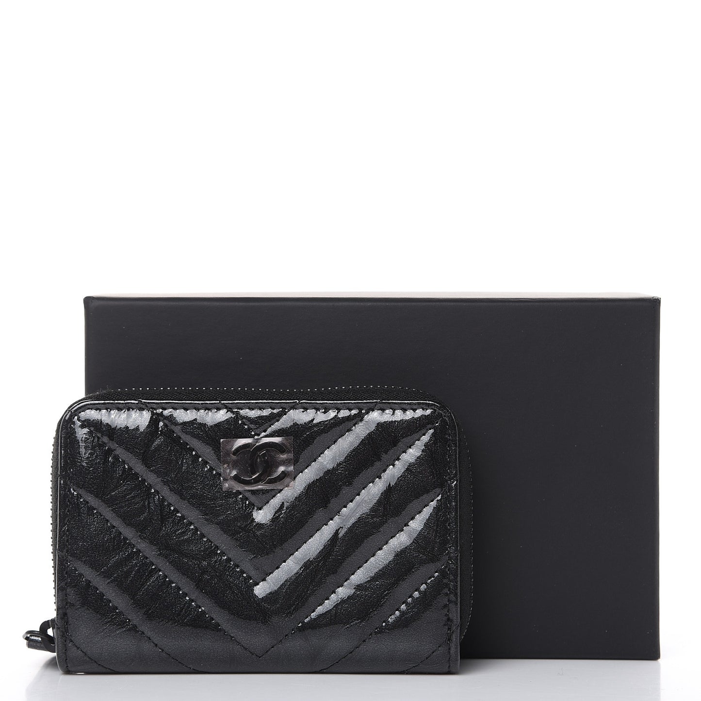 Patent Metallic Crumpled Calfskin Chevron Quilted Coin Purse So Black