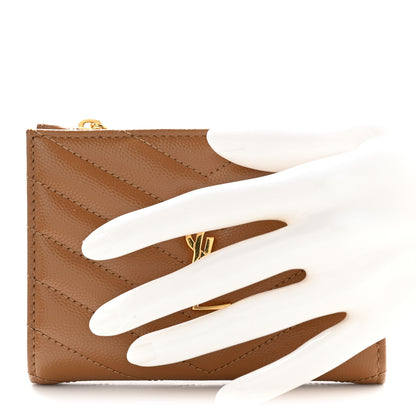 Saint Laurent Grain De Poudre Matelasse Chevron Monogram Zipped Card Case Natural Dark 2 of 8